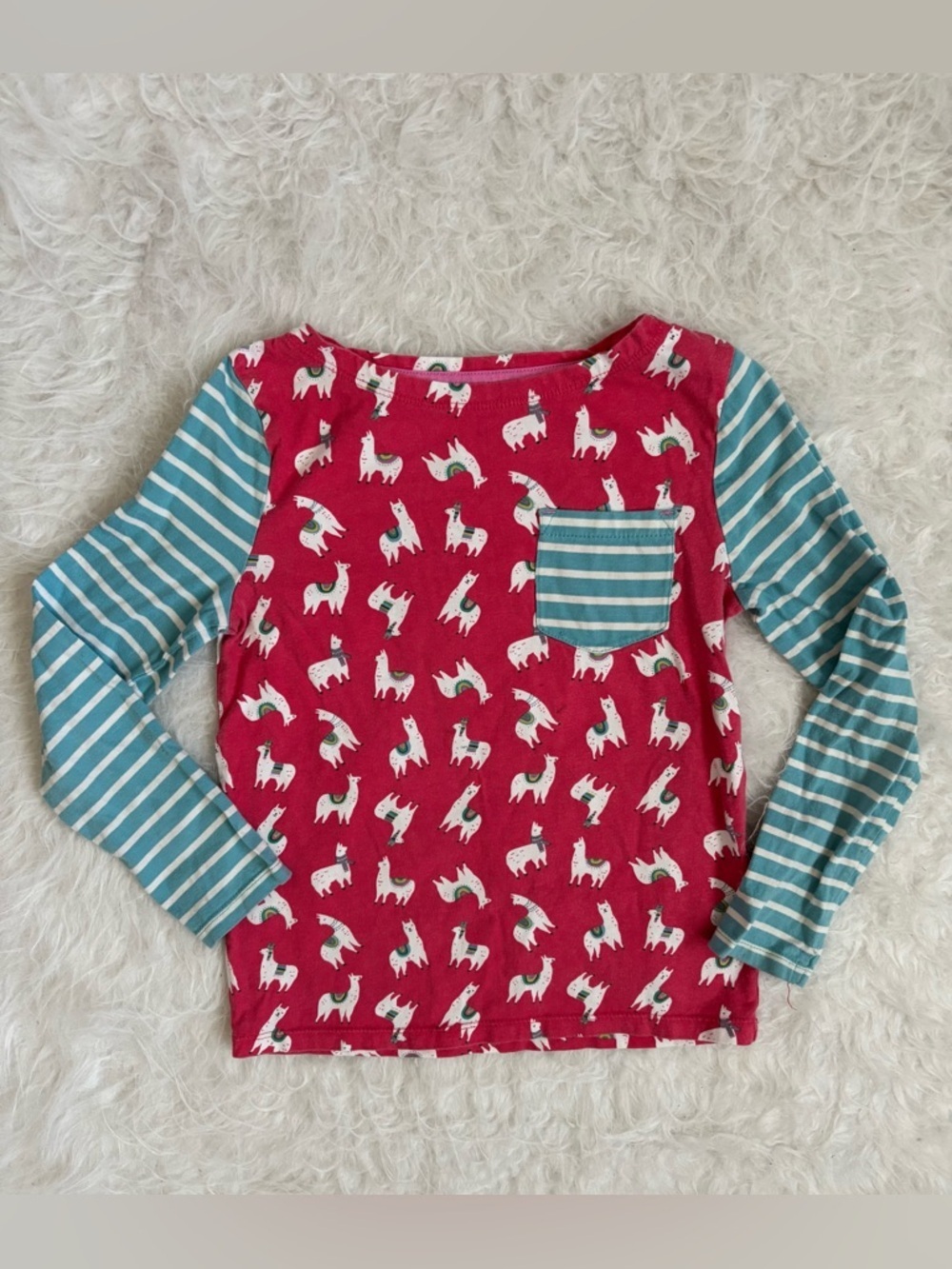 Mini Boden Pink Llama Print Long-Sleeve Top with Teal Stripe Sleeves